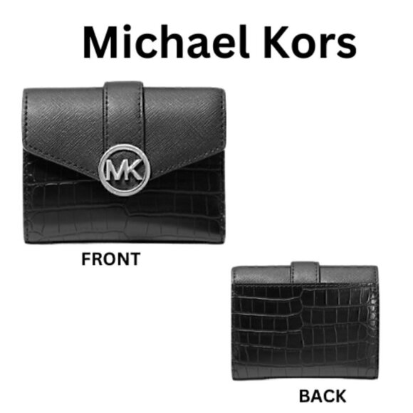 Michael Kors NWT Carmen Medium Crocodile Embossed Tri-Fold Envelope Wallet Black - Picture 2 of 5